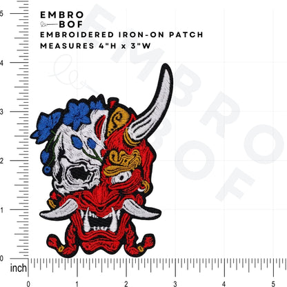 Floral Skull Hannya Oni Patch - Embroidered Iron-On Patches