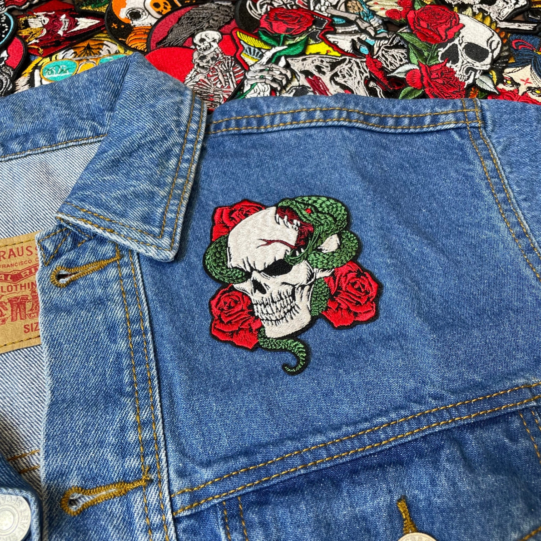 Skull Roses and Snake Patch - Embroidered Iron-On Patches