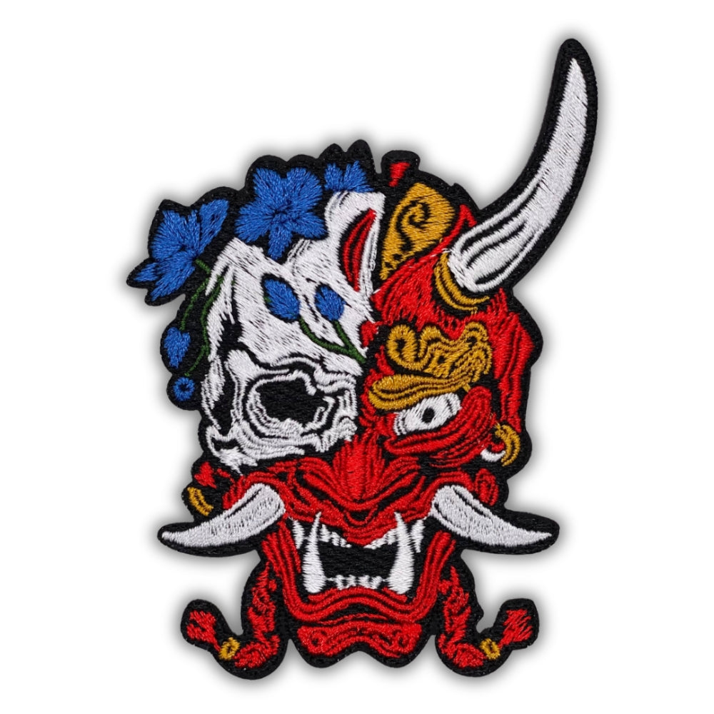 Floral Skull Hannya Oni Patch - Embroidered Iron-On Patches