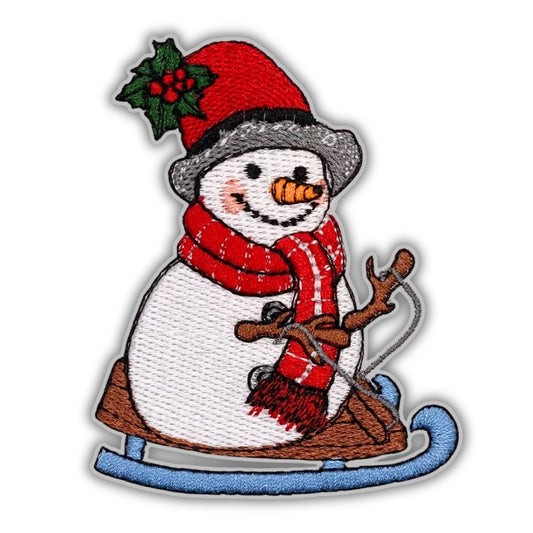 Jolly Sledding Snowman Patch - Embroidered Iron-On Patches